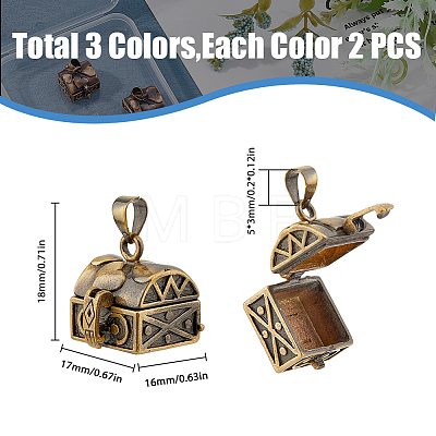 6Pcs Carved Cuboid Rack Plating Brass Prayer Box Pendants KK-FH0006-70-1