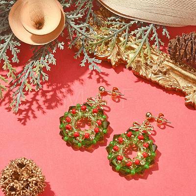 Glass Christmas Wreath Dangle Stud Earrings EJEW-TA00243-1