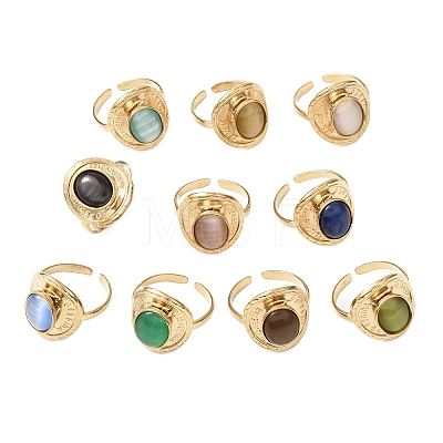 304 Stainless Steel with Glass Cat Eye Cuff Rings for Women RJEW-K309-40D-1