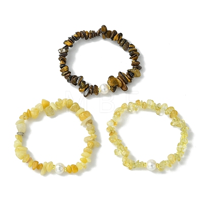 3Pcs 3 Styles Natural Mixed Gemstone Chip & Cultured Freshwater Pearl Beaded Stretch Bracelets Set for Women BJEW-JB13762-06-1