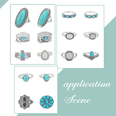 16Pcs 16 Style Flower & Oval & Eagle & Teardrop & Feather Synthetic Turquoise Finger Rings Set RJEW-AN0001-06-1