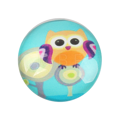 Cartoon Owl Printed Glass Half Round/Dome Cabochons GGLA-N004-14mm-B-1