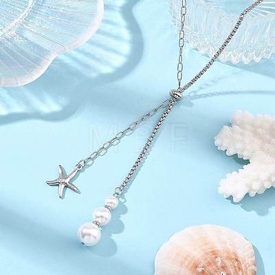 Summer Beach 304 Stainless Steel Starfish Pendant Lariat Necklaces with Shell Pearl NJEW-JN06604-02-1