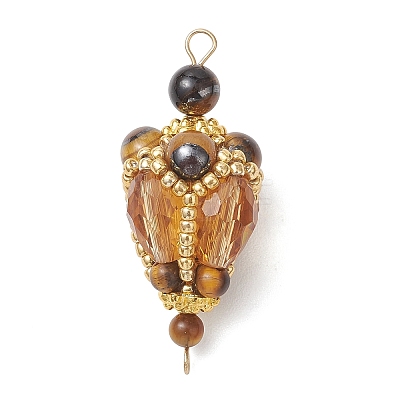 Bohemian Natural Tiger Eye Round with Glass Beaded Teardrop Links Connector Charms PALLOY-MZ01227-01-1