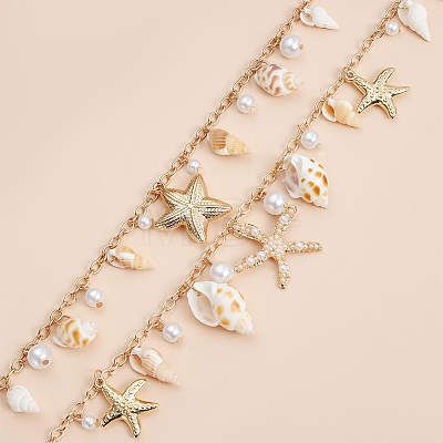 Natural Shell and Plastic Imitation Pearl and Iron Starfish Tassel Double Layer Waist Chains for Women AJEW-CP0011-35A-1