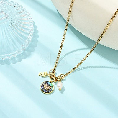 Brass Natural Paua Shell & Pearl Pendant 304 Stainless Steel Curb Chain Necklaces for Women NJEW-JN06258-02-1