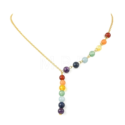 Chakra Round Natural Gemstone Beaded Pendant Brass Cable Chain Necklaces for Women NJEW-JN06266-1