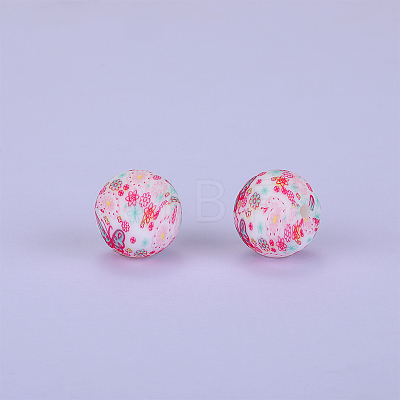 Printed Round with Flower Pattern Silicone Focal Beads SI-JX0056A-174-1