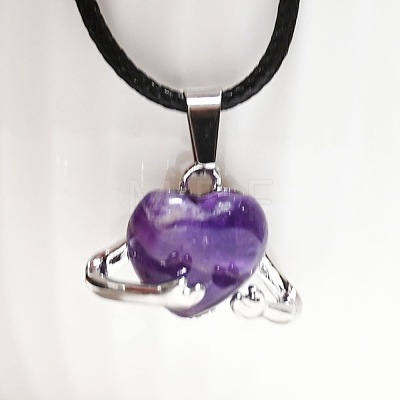 Natural Amethyst Heart with Metal Hands Pendant Necklaces FX8013-11-1