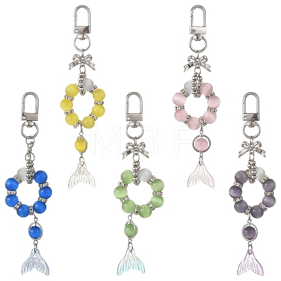 Glass & Cat Eye & Alloy Pendant Decorations HJEW-YW00485-01-1