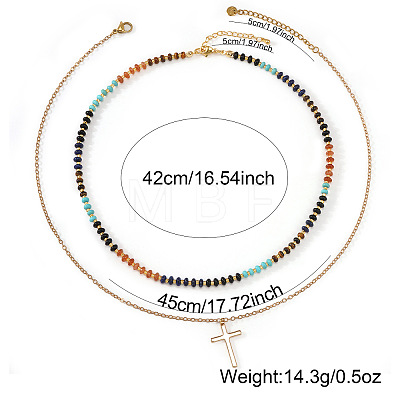Stainless Steel Religion Cross Pendant Colorful Natural Mixed Gemstone Rondelle Beaded Double Layer Necklaces for Women TF5926-1
