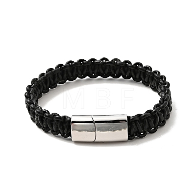 Black Leather Braided Cord Bracelet with 304 Stainless Steel Magnetic Clasp for Men Women BJEW-C021-17-1