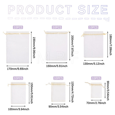 60Pcs 6 Styles Rectangle Organza Bags Jewellery Storage Pouches Wedding Favour Party Mesh Drawstring Gift Bags OP-TA0001-09-1