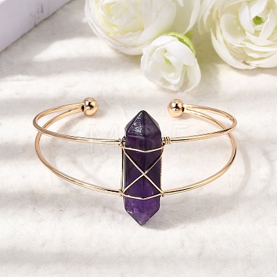 Brass Wire Wrapped Natural Amethyst Hexagon Point Cuff Bangles for Women BJEW-L719-01G-02-1