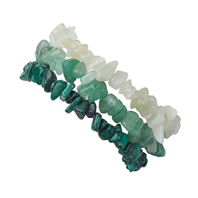 3Pcs Natural Green Aventurine & Natural Prehnite & Natural Malachite Chip Beaded Stretch Bracelet Sets BJEW-JB10862-1