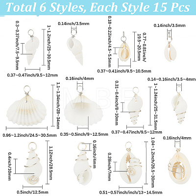 90Pcs 6 Styles Natural Mixed Shell Pendants PALLOY-BM00007-1