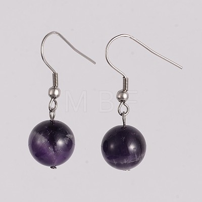 Round 304 Stainless Steel Natural Amethyst Dangle Earrings EJEW-JE01973-07-1