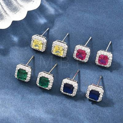 Square Brass Micro Pave Cubic Zirconia Stud Earrings EJEW-Z164-22P-1