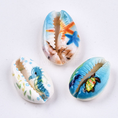 Printed Natural Cowrie Shell Beads X-SHEL-S266-21-1