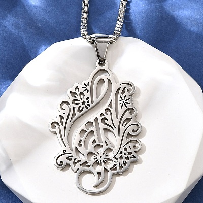 201 Stainless Steel Laser Cut Flower Musical Note Pendant Box Chain Necklaces for Women Men NJEW-E156-02P-1