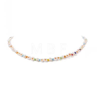 Natural Pearl & Millefiori & Seed Glass Beaded Necklace for Women NJEW-JN04162-1