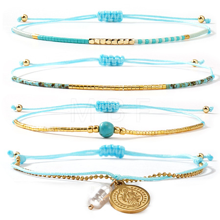 4Pcs 4 Styles Bohemian Glass Seed Bead Braided Beads Bracelets & 304 Stainless Steel Charm Double Layers Bracelets for Women WO6368-2-1