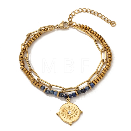 Bohemian 304 Stainless Steel Chain & Natural Lapis Lazuli Beads Double Layers Bracelets BJEW-C150-01E-G-1