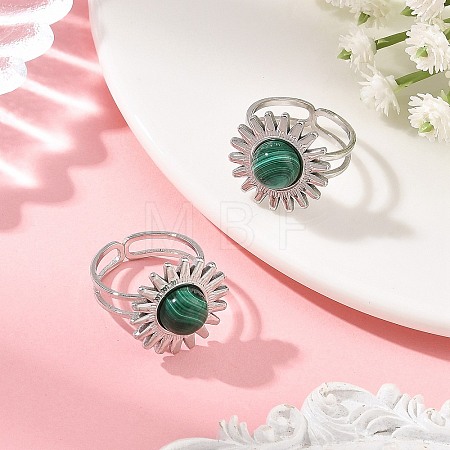 Natural Malachite & Stainless Steel Cuff Open Rings RJEW-JR01091-02-1