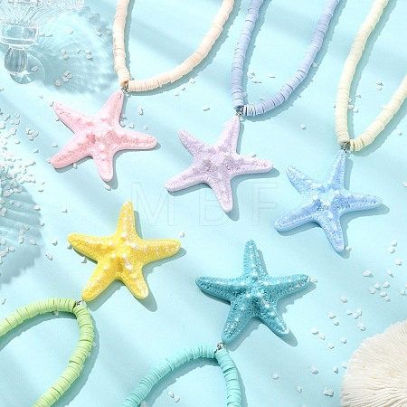 Ocean Resin Starfish Big Pendant Handmade Polymer Clay Heishi Beads Necklaces NJEW-JN06274-1