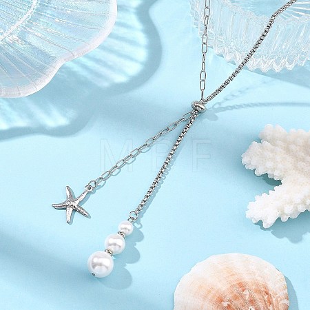 Summer Beach 304 Stainless Steel Starfish Pendant Lariat Necklaces with Shell Pearl NJEW-JN06604-02-1