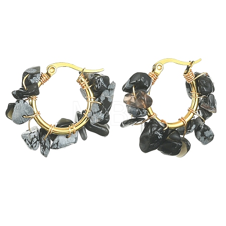 Natural Snowflake Obsidian Chips Braided Hoop Earrings EJEW-JE04940-11-1