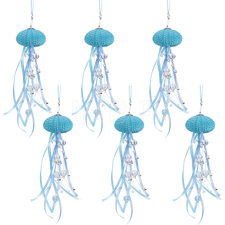 3Pcs Natural Shell Sea Urchin Jellyfish Hanging Ornaments with Crystal and Ribbon HJEW-WH20019-04-1