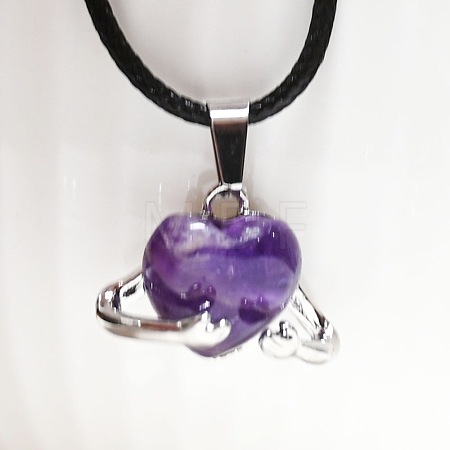 Natural Amethyst Heart with Metal Hands Pendant Necklaces FX8013-11-1
