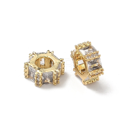 Hexagon Brass Clear Cubic Zirconia European Beads KK-D228-06G-1