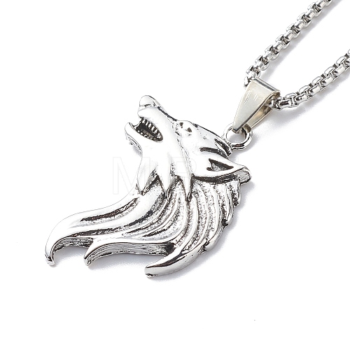 Alloy Lion Pendant Necklace with 201 Stainless Steel Box Chains for Men Women NJEW-E016-23AS-1