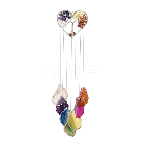 Brass Wire Wrapped Chakra Natural Gemstone Chips Hanging Ornaments AJEW-B028-01G-03-1