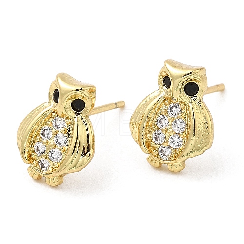 Rack Plating Brass Owl Stud Earrings with Cubic Zirconia EJEW-D061-11G-1