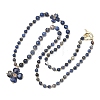 Saint Patrick's Day Natural Sodalite Clover Pendant Round Beaded Necklaces with Brall Heart OT Clasps NJEW-G202-02G-05-4