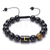 10MM Natural Black Onyx(Dyed & Heated) and Tiger Eye Alphabet Round Braided Bead Adjustable Bracelets for Women DM6424-12-1