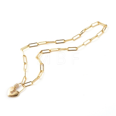 Brass Micro Pave Clear Cubic Zirconia Heart Padlock Pendant Necklaces NJEW-JN03419-1