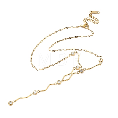 304 Stainless Steel Pave Clear Cubic Zirconia Flat Round Wavy Bar Link Chain Lariat Y Necklaces for Women NJEW-G200-01G-1