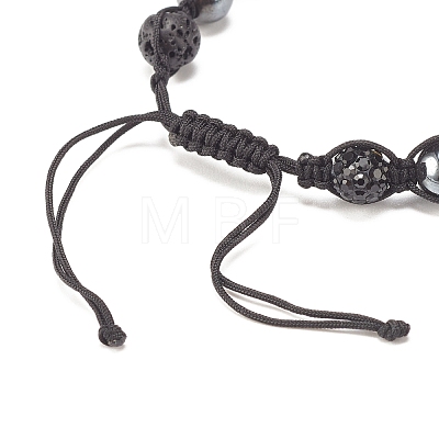 2Pcs 2 Color Natural Lava Rock & Synthetic Hematite Braided Bead Bracelets Set with Rhinestone Disco Ball BJEW-JB07896-1