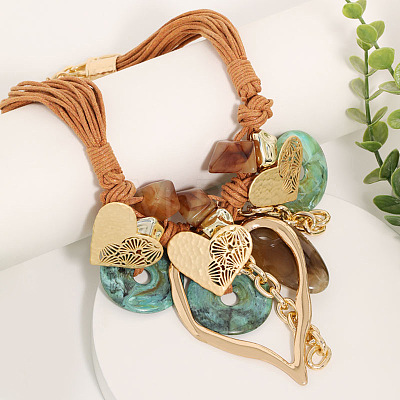 Bohemian Style Alloy Resin Disc Heart Pendant Multi-strand Waxed Cord Bib Necklaces for Women FS-WGB6778-01-1