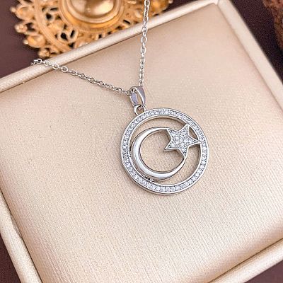 Brass Micro Pave Clear Cubic Zirconia Moon with Star Pendant 304 Stainless Steel Cable Chain Necklaces for Women WG40DAD-06-1