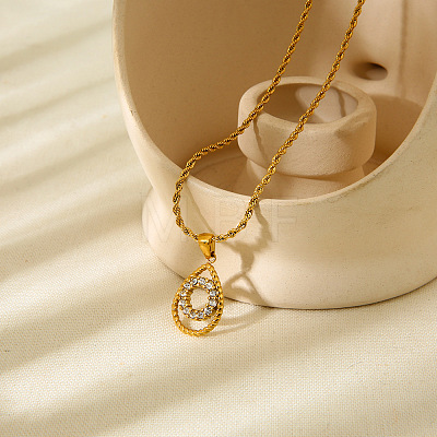 304 Stainless Steel Micro Pave Clear Cubic Zirconia Teardrop with Ring Pendant Necklaces for Women WGE593C-01-1
