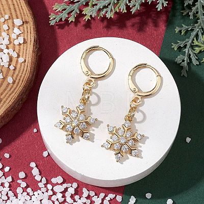 Christmas Snowflake Brass Micro Pave Clear Cubic Zirconia Hoop Earrings EJEW-JE06158-01-1