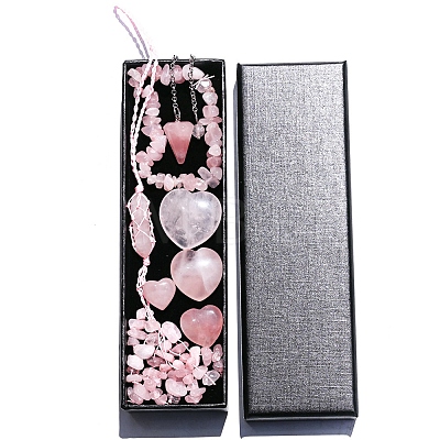 Natural Rose Quartz Dowsing Pendulum Cone Big Pendants & Heart Massage Stone & Bracelet & Pendant Decoration Sets PW-WG73208-01-1