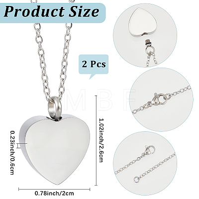 2Pcs Stainless Steel Heart Cinerary Casket Pendant Necklaces NJEW-CN0001-25-1