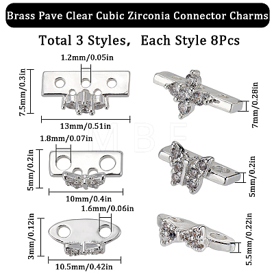SUNNYCLUE 24Pcs 3 Styles Brass Pave Clear Cubic Zirconia Connector Charms KK-SC0004-24S-1