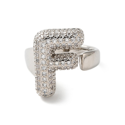 Letter Brass Micro Pave Clear Cubic Zirconia Open Cuff Ring for Women RJEW-N046-03F-P-1